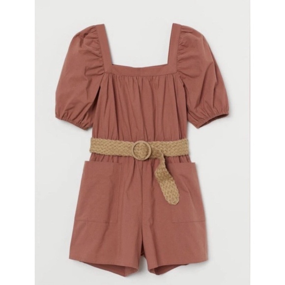 H&M Puff Sleeve Belted Romper | Rust Brown | Size 12 - Picture 1 of 17